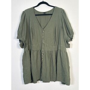 Torrid Women 4 Olive Green Gauze Button Front Babydoll Peplum Blouse Plus Size